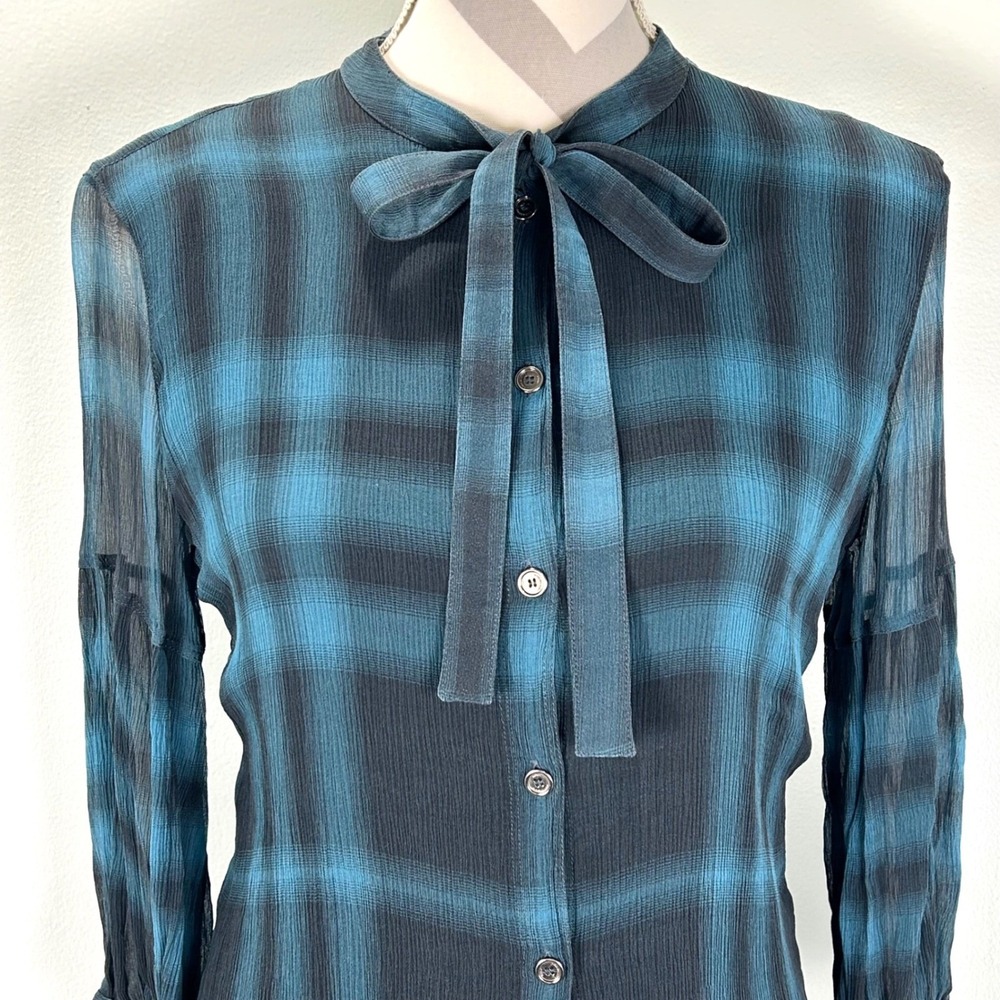 Burberry Plaid Georgette 100% Silk Blouse Shirt Tie Neck Button‎ Front  Women L - Picture 6 of 11